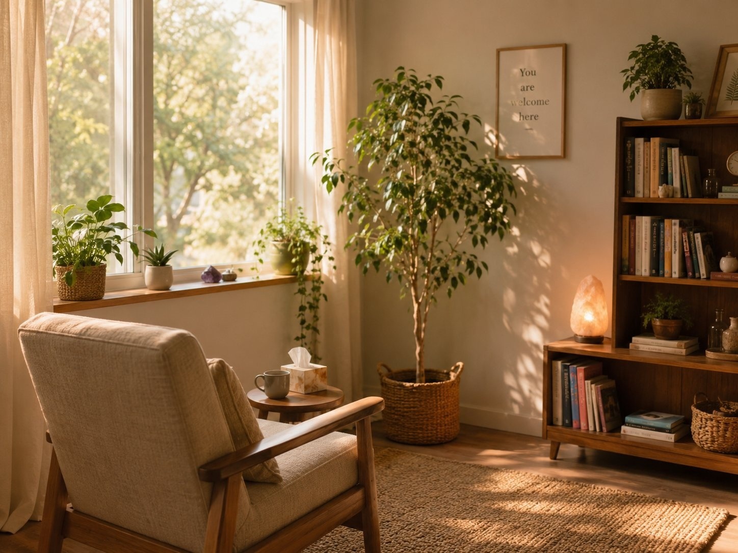 Heiser Counseling therapy office in Austin, TX — warm, plant-filled space with natural light